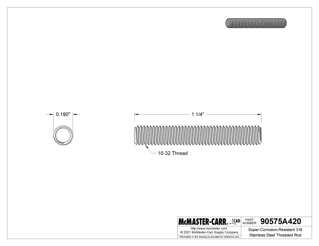 Technical Drawing of Super-Corrosion-Resistant 316 Stainless Steel Threaded Rod, 10-32 Thread Size, 1-1/4" Long.